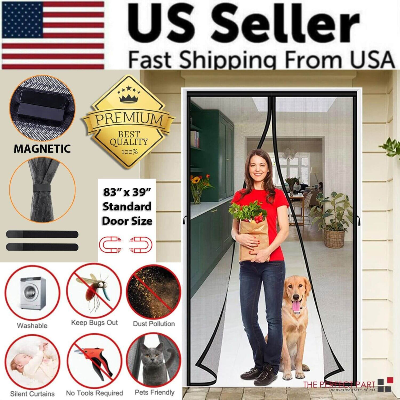 Magnetic Screen Door Mesh Curtain Durable Heavy Duty Mosquito Net Bug featuring a woman and a dog at the entrance.
