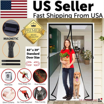 Magnetic Screen Door Mesh Curtain Durable Heavy Duty Mosquito Net Bug featuring a woman and a dog at the entrance.