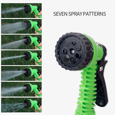 Expanding Expandable Flexible Garden Water Hose w Spray Nozzle 25, 50, showing seven spray patterns for versatile watering.