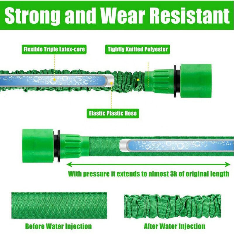 Expanding Expandable Flexible Garden Water Hose w Spray Nozzle 25, 50, showcasing strong and wear-resistant construction.