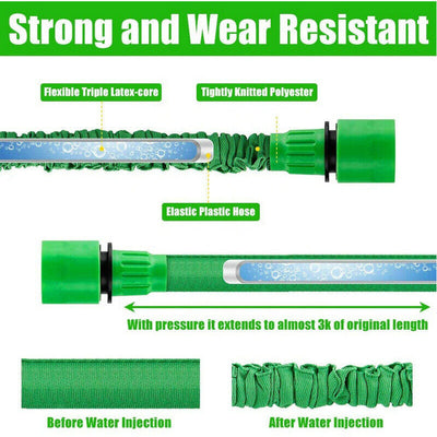 Expanding Expandable Flexible Garden Water Hose w Spray Nozzle 25, 50, showcasing strong and wear-resistant construction.