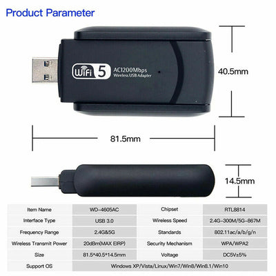 1200Mbps Long Range AC1200 Dual Band 5GHz Wireless USB 3.0 WiFi