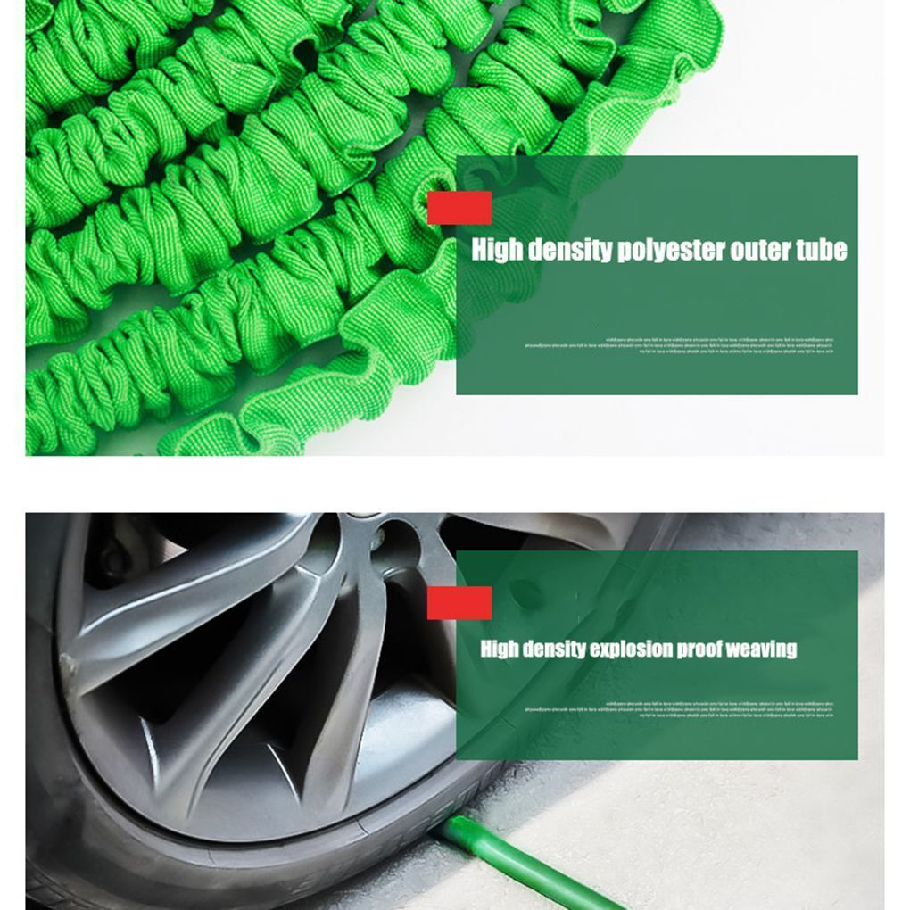 Expanding Expandable Flexible Garden Water Hose w Spray Nozzle 25, 50, showing features like high-density polyester and explosion-proof weaving.
