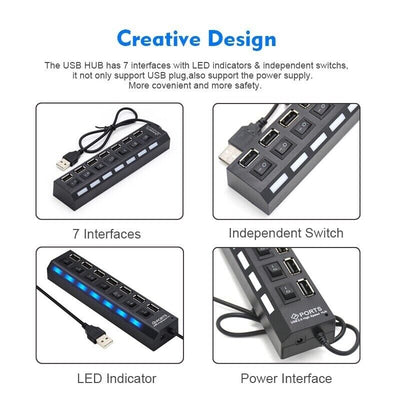 7 Port USB 2.0 / 3.0 Hub Splitter Adapter High Speed For PC Laptop Mac