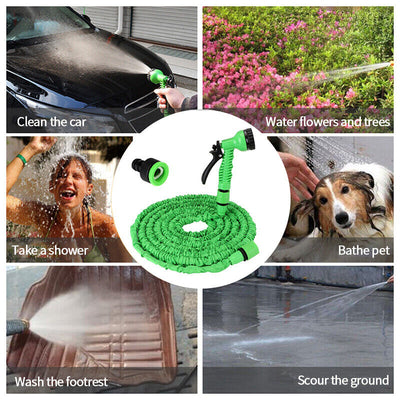 Expanding Expandable Flexible Garden Water Hose w Spray Nozzle 25, 50, for cleaning cars, watering plants, bathing pets.