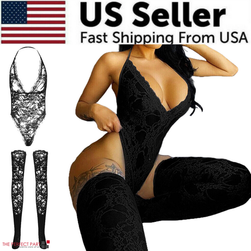 Women Lace Sexy Lingerie Nightwear Babydoll Sleepwear Bodysuit Dress in black with thigh-high stockings.