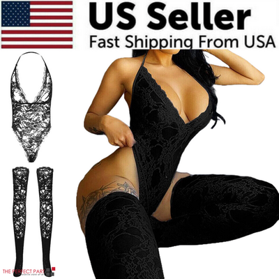 Women Lace Sexy Lingerie Nightwear Babydoll Sleepwear Bodysuit Dress in black with thigh-high stockings.