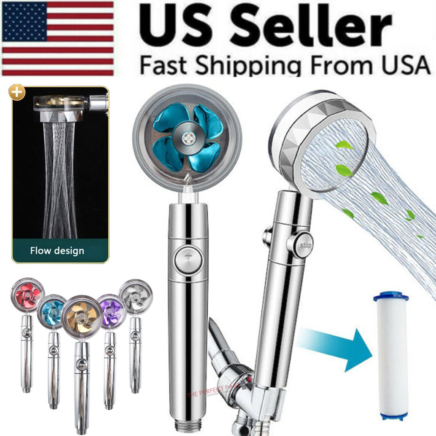 High Pressure Shower Head Adjustable 360° Rotation Turbine Water