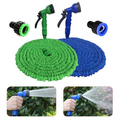 Expanding Expandable Flexible Garden Water Hose w Spray Nozzle 25, 50 with green and blue hose and spray nozzle.