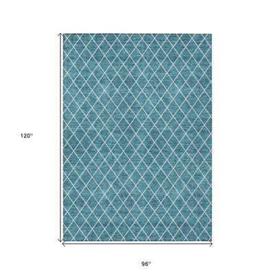 8' X 10' Teal Blue And Ivory Geometric Washable Indoor Outdoor Area Rug-2