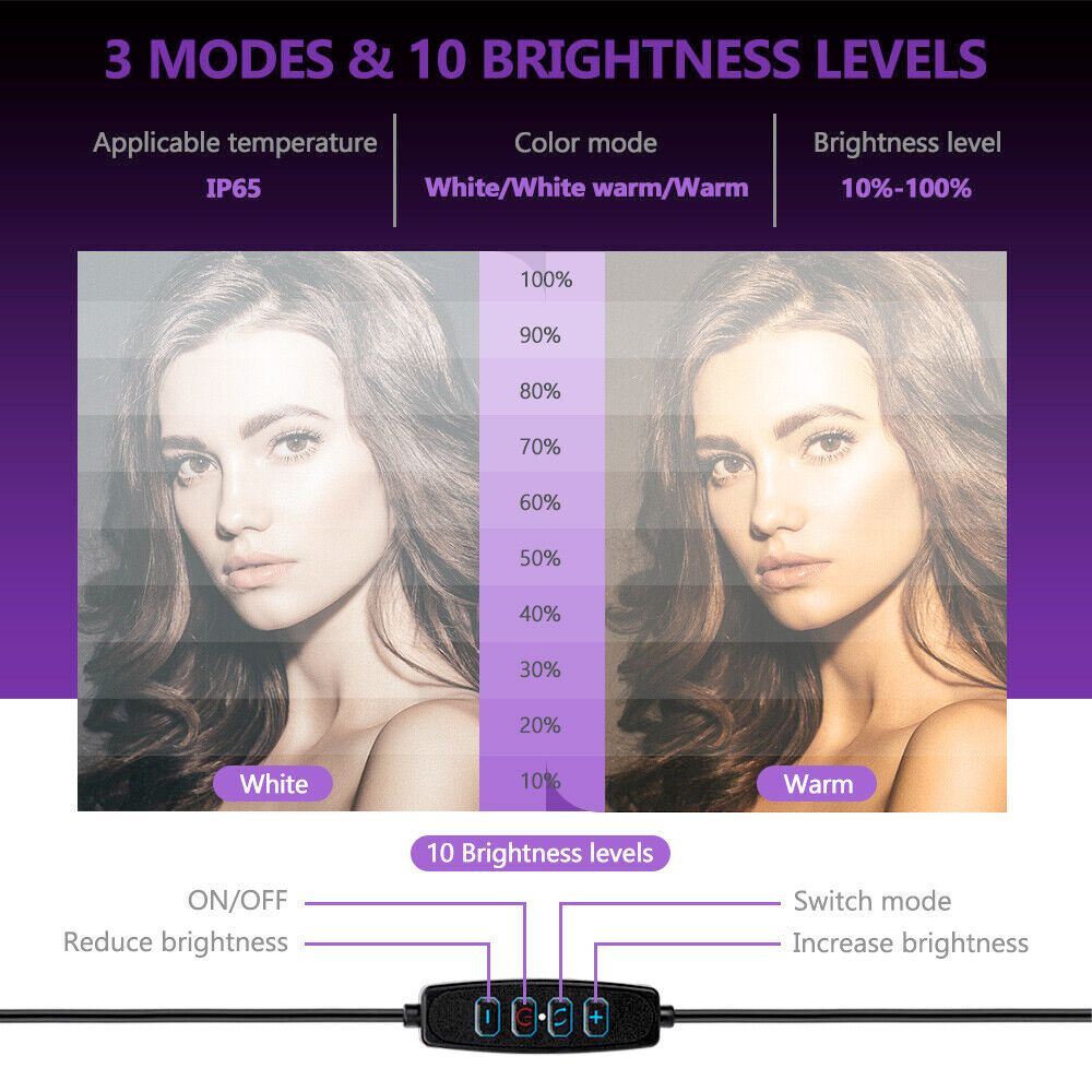 LED Ring Light With Phone Tripod Stand Kit 10" showcasing 3 modes and 10 brightness levels for perfect lighting.