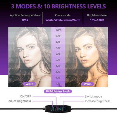 LED Ring Light With Phone Tripod Stand Kit 10" showcasing 3 modes and 10 brightness levels for perfect lighting.