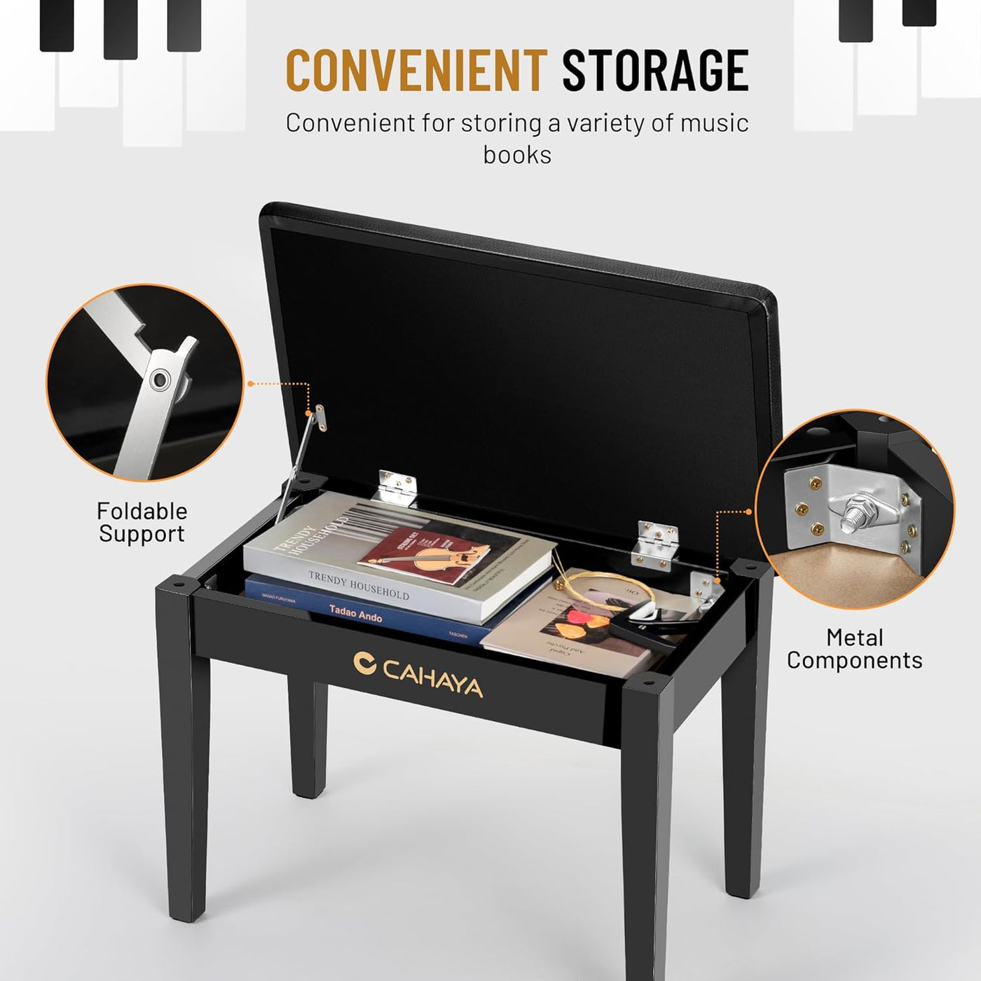 Piano Bench with Storage Compartment - Piano Stool Chair Seat with 1.2In Thick P