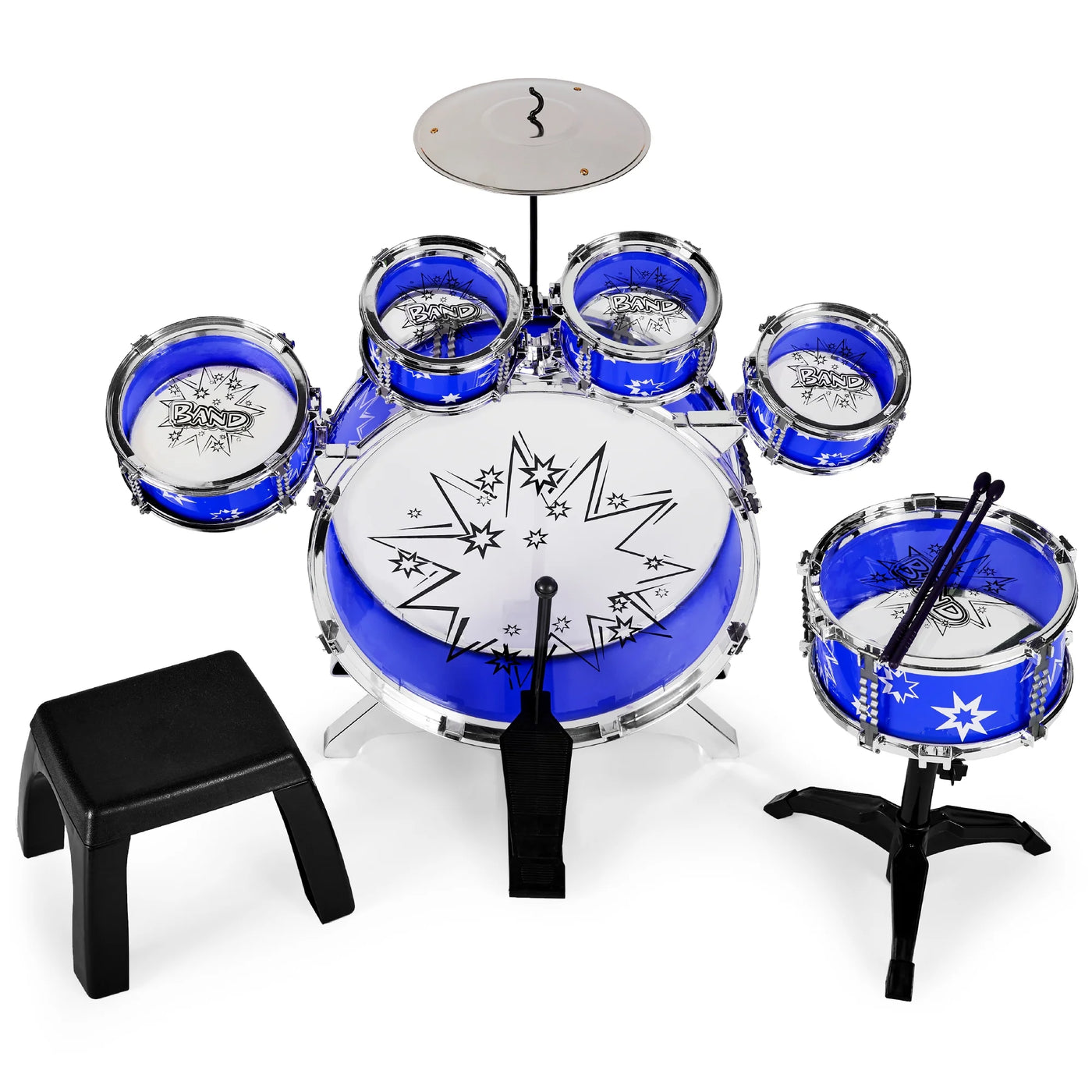 11-Piece Kids Starter Drum Set W/ Bass Drum, Tom Drums, Snare, Cymbal, Stool, Drumsticks - Blue