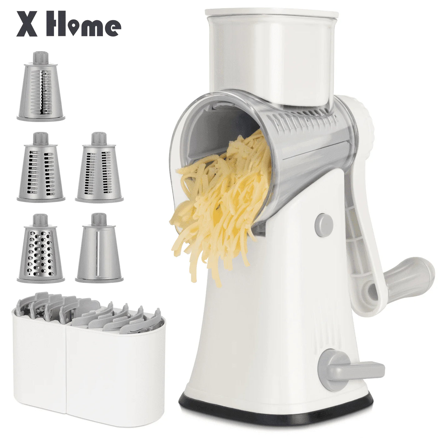 Multipurpose 5-In-1 Rotary Cheese Grater, Cheese Shredder with Rubber Suction Base, Versatile Drum Blades for Vegetables, Nuts, and More, White