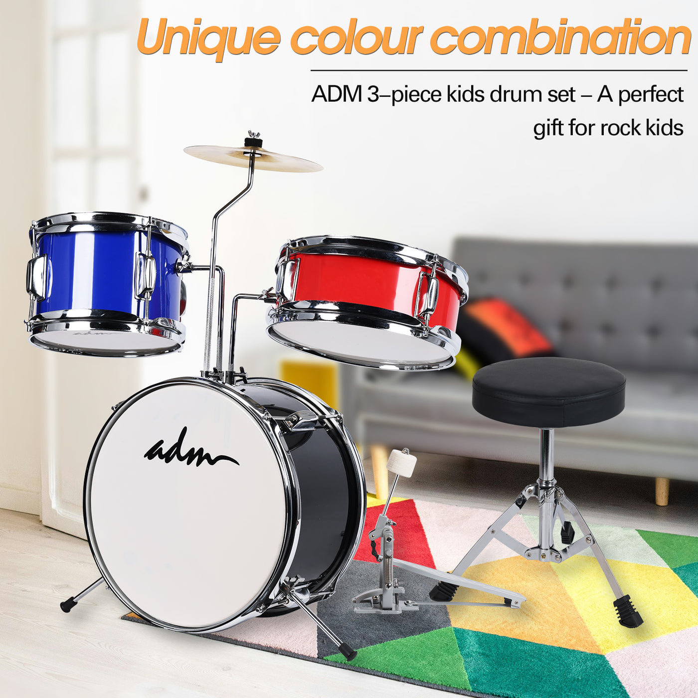 3-Piece Junior Drum Set for Kids Beginners, Kids Drum Kit with Full Set of Silent Mats, Adjustable Throne, Cymbal, Pedal & Drumsticks - Red, Blue, Black