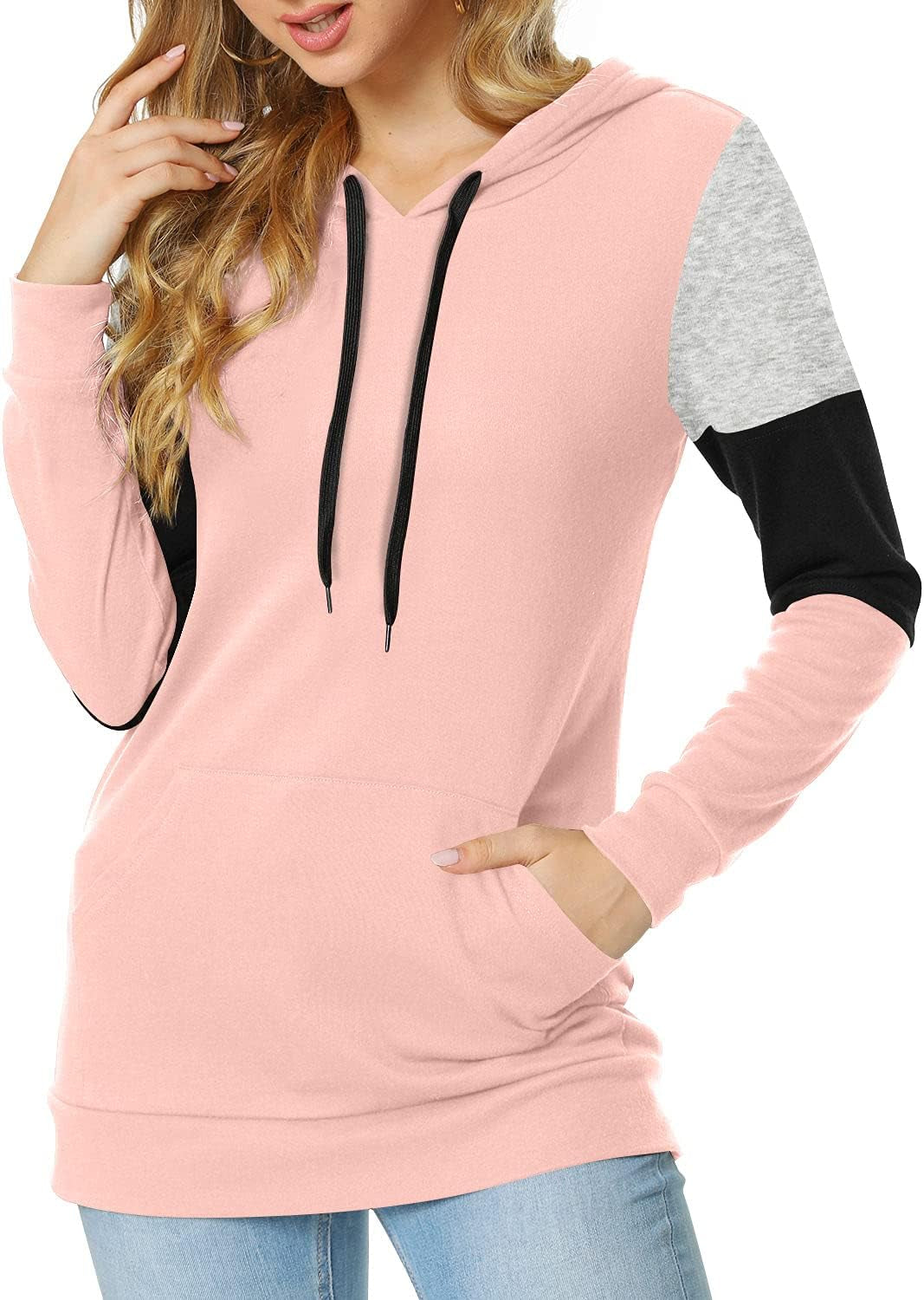 Women'S Casual Drawstring Pullover Tunic Top Long Sleeve Color Block Hoodie Sweatshirts with Pocket