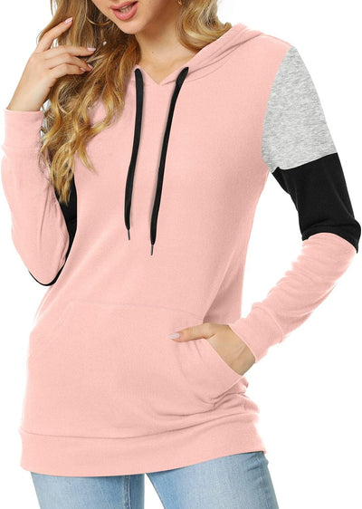 Women'S Casual Drawstring Pullover Tunic Top Long Sleeve Color Block Hoodie Sweatshirts with Pocket