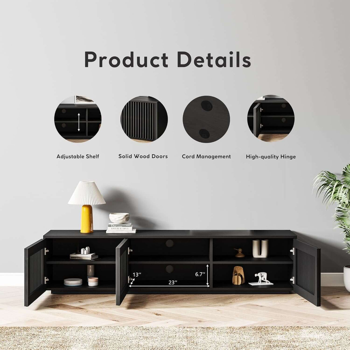 65 Inch Black Solid Wood TV Stand With Oak Veneer Finish