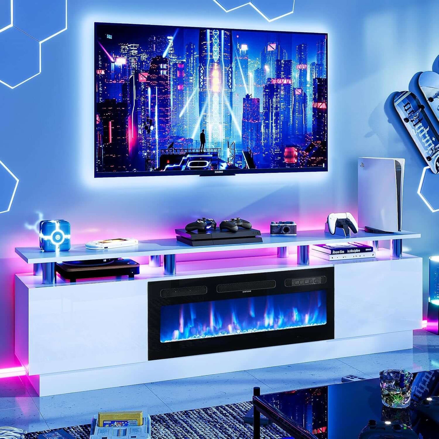 80 Inch White Electric Fireplace TV Stand With LED Lights