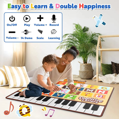 Baby Musical Mat with 26 Letters Kids Piano Keyboard Playmat Children Crawling Blanket Toy 27.56" X 39.37" for 1-4 Years Old Kids