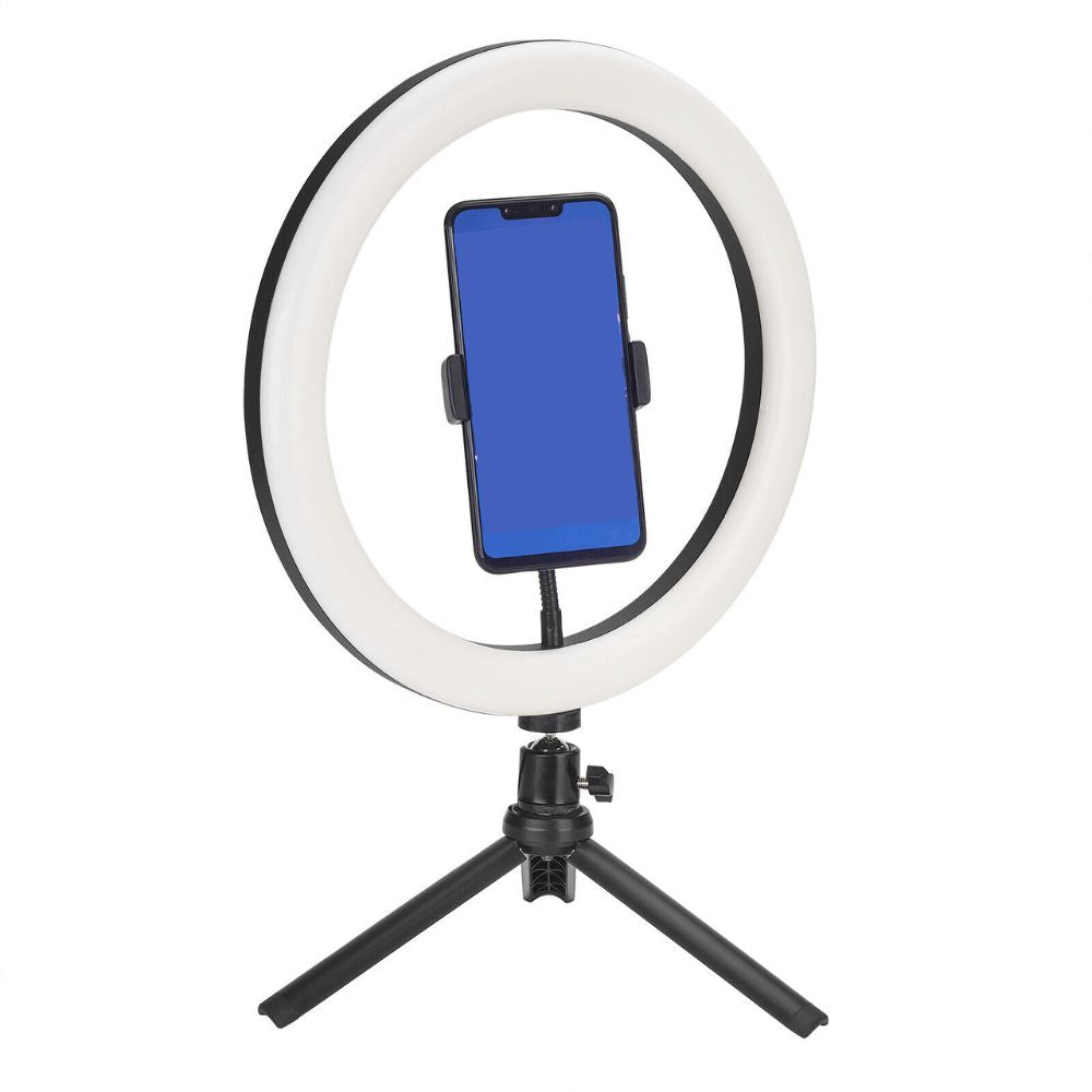 LED Ring Light With Phone Tripod Stand Kit 10" shown with adjustable phone holder on tripod.
