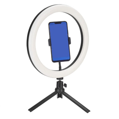LED Ring Light With Phone Tripod Stand Kit 10" shown with adjustable phone holder on tripod.