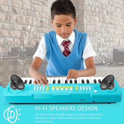 Kids Piano Keyboard, 37 Keys Electronic Digital Piano with Double Built-In Speaker, Microphone, Music Keyboard Early Learning Educational Toy Birthday Xmas Day Gifts for Kids (Blue)