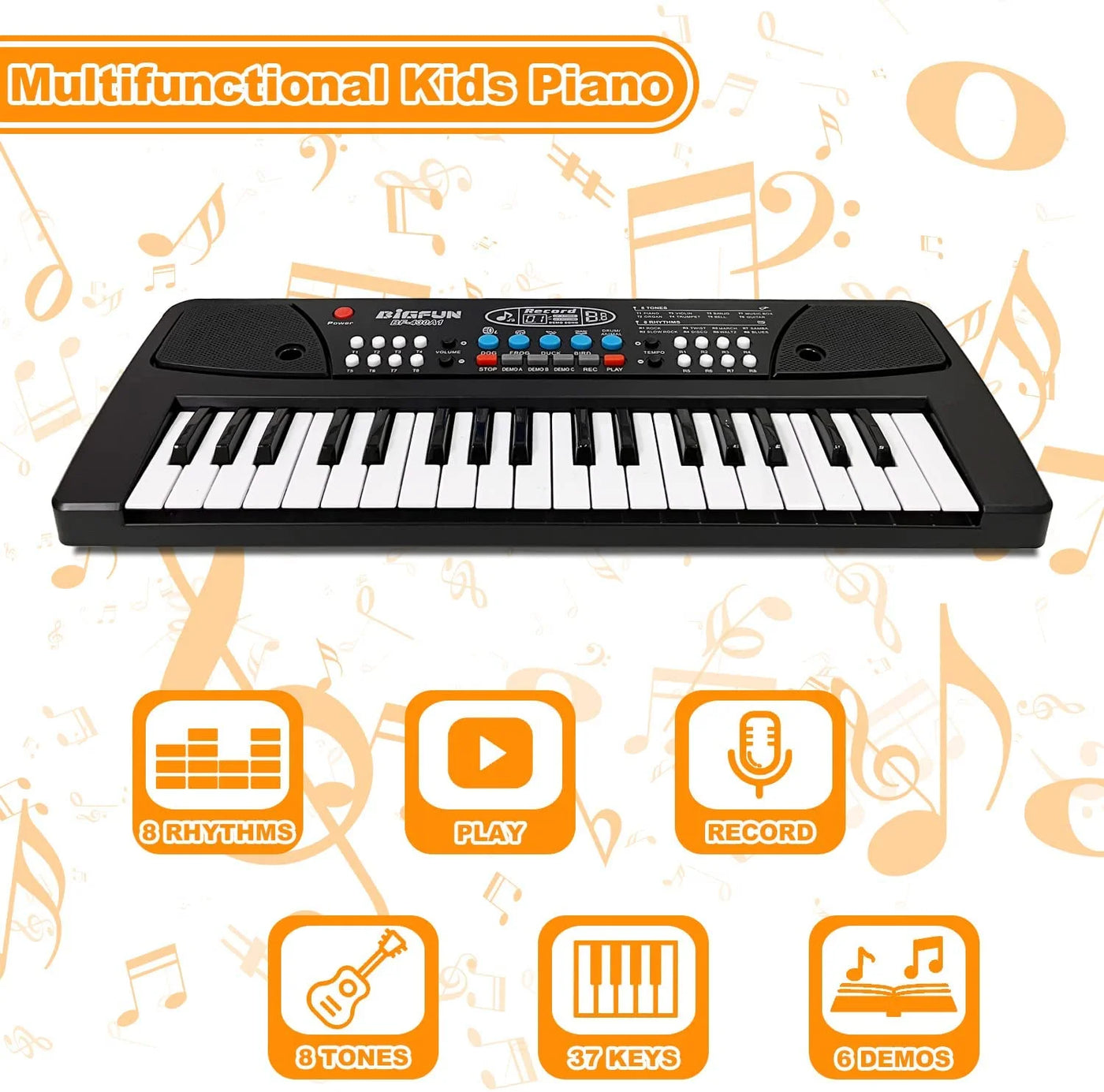 Kids Piano, Kids Keyboard 37 Keys Portable Electronic Musical Instrument Multi-Function Music Piano for Kids Early Learning Educational Toy Birthday Xmas Day Gifts (Black)