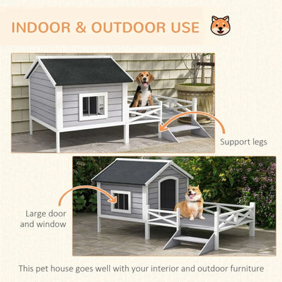 66" Outdoor Dog House, Large Wooden Dog Kennel with Porch, Cabin House Style Pet Houses for Cats, Gray