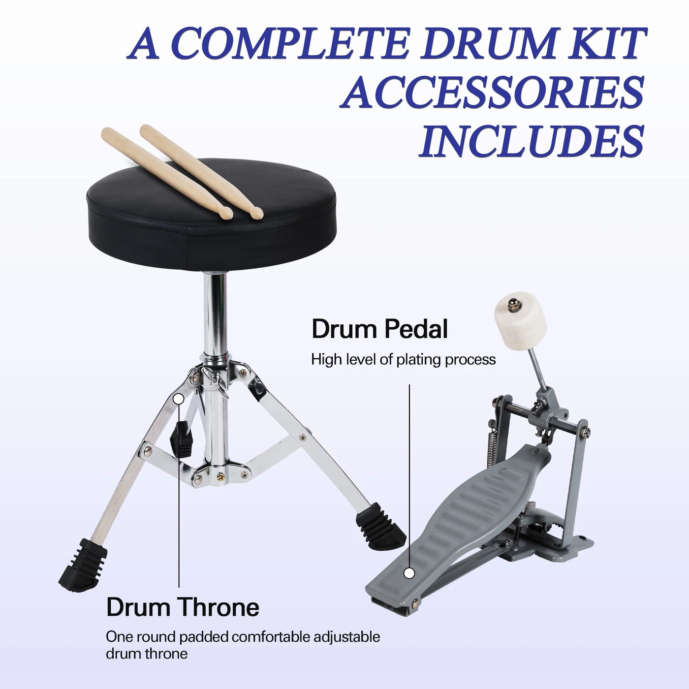 3-Piece Junior Drum Set for Kids Beginners, Kids Drum Kit with Full Set of Silent Mats, Adjustable Throne, Cymbal, Pedal & Drumsticks - Red, Blue, Black