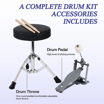 3-Piece Junior Drum Set for Kids Beginners, Kids Drum Kit with Full Set of Silent Mats, Adjustable Throne, Cymbal, Pedal & Drumsticks - Red, Blue, Black