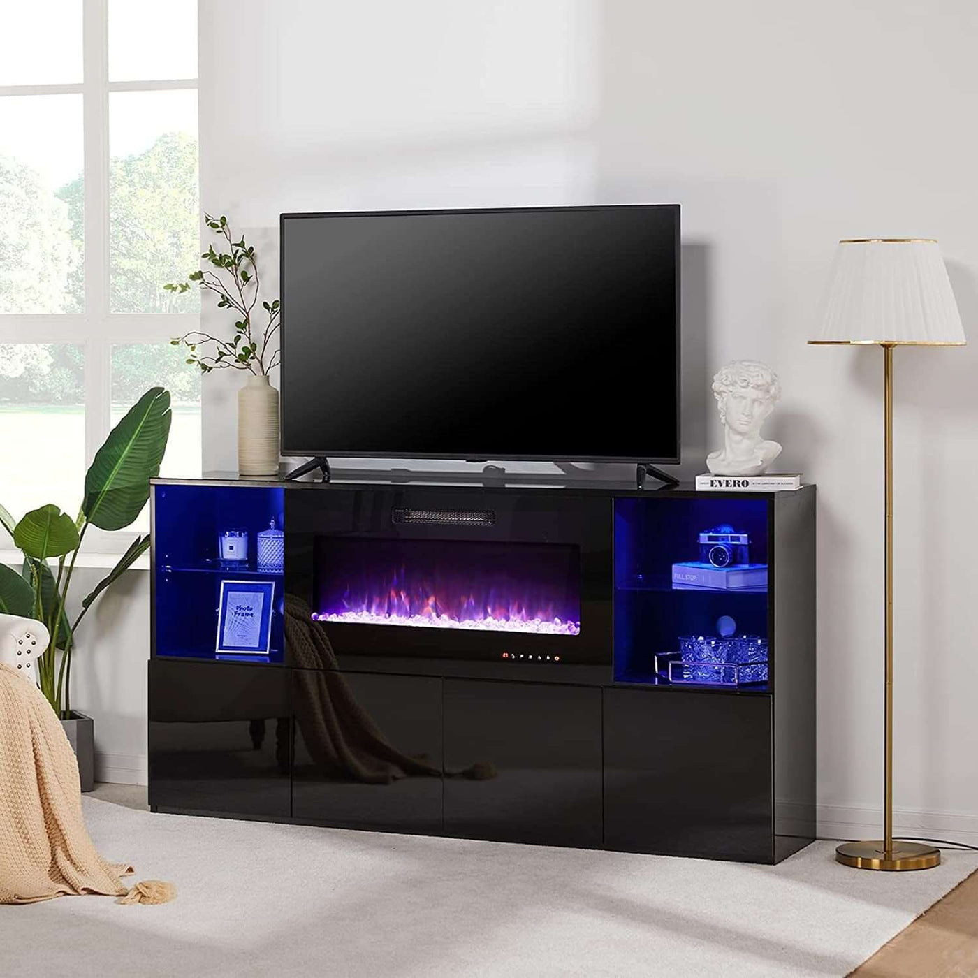 40 Inch TV Stand With Electric Fireplace And LED Lights