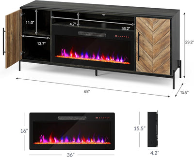 68 Inch TV Stand With 36 Inch Electric Fireplace Heater