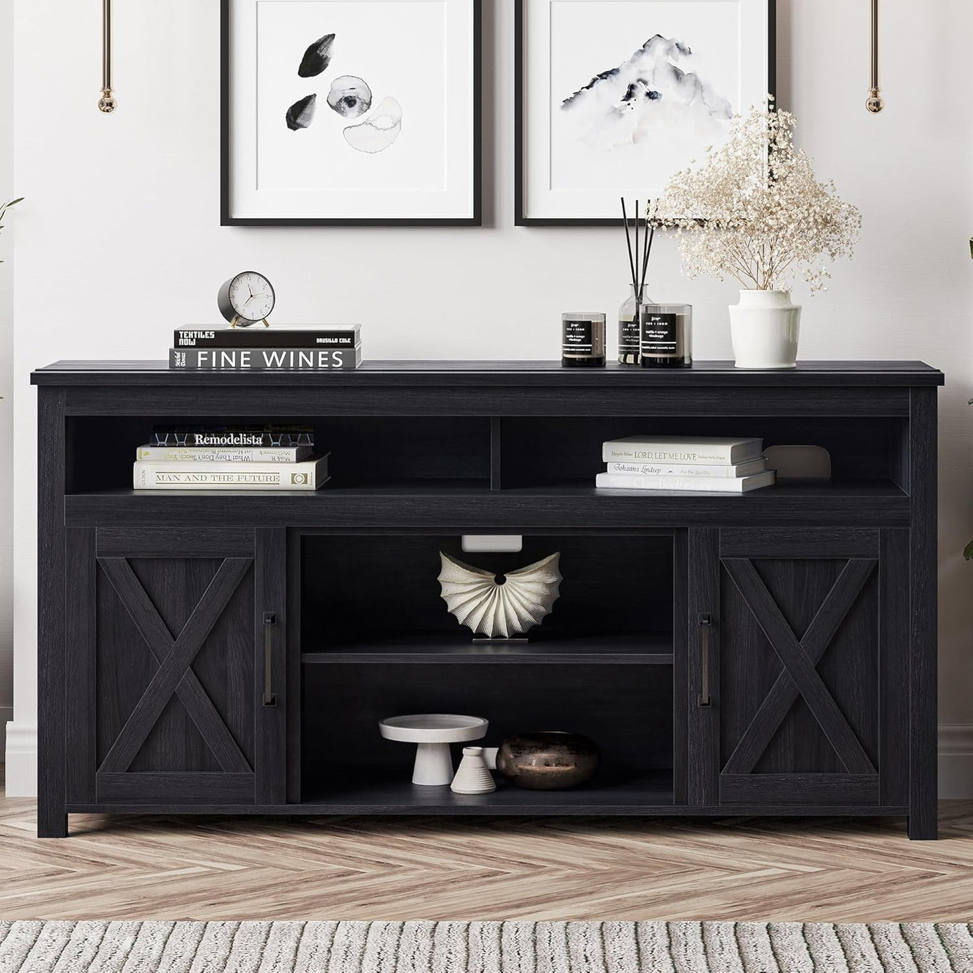 58 Inch Rustic TV Stand With Barn Door Cabinets For TVs Up To 65