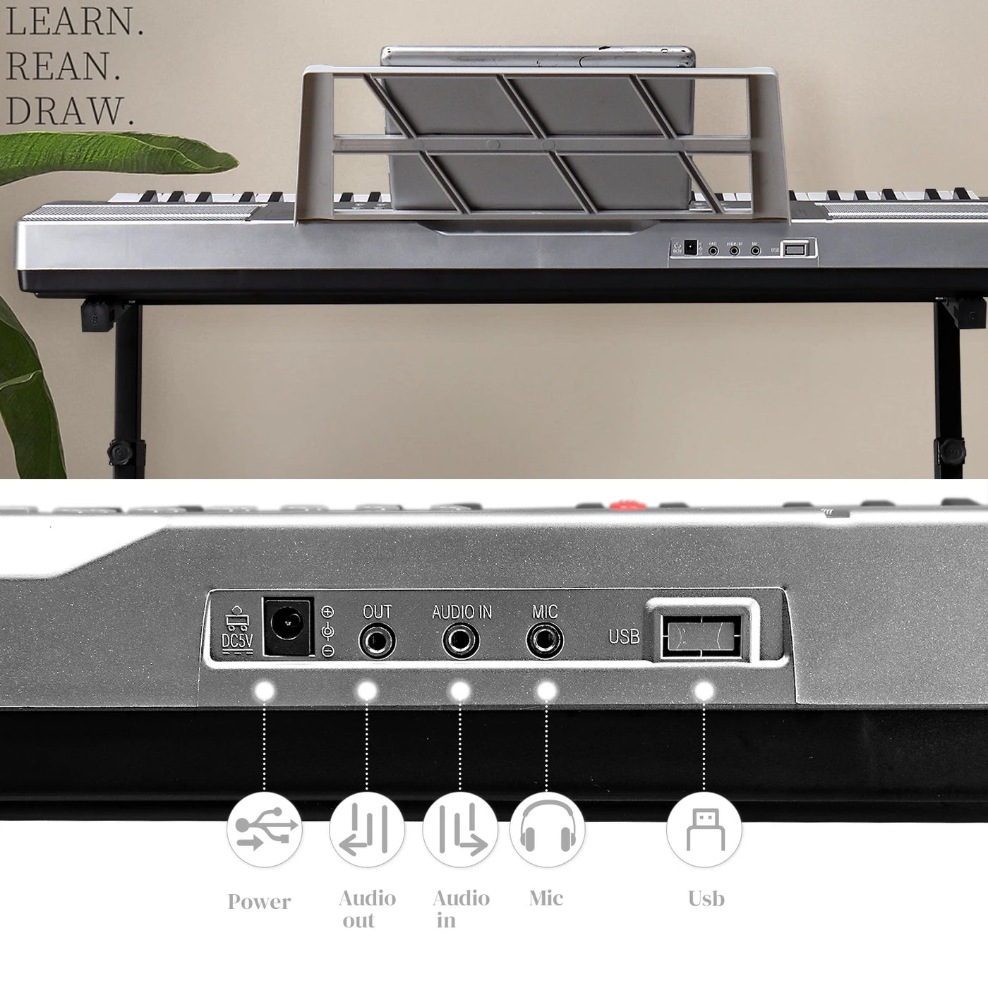 Glarry 61 Keys Keyboard Piano with Stand, Bench, Built in Speakers for Beginners, Sliver