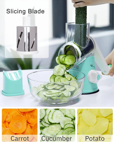 Premium Rotary Cheese Grater, Manual Cheese Grater for Kitchen, Handheld Vegetables Slicer Cheese Shredder with Rubber Suction Base, 3 Stainless Drum Blades Included,Blue