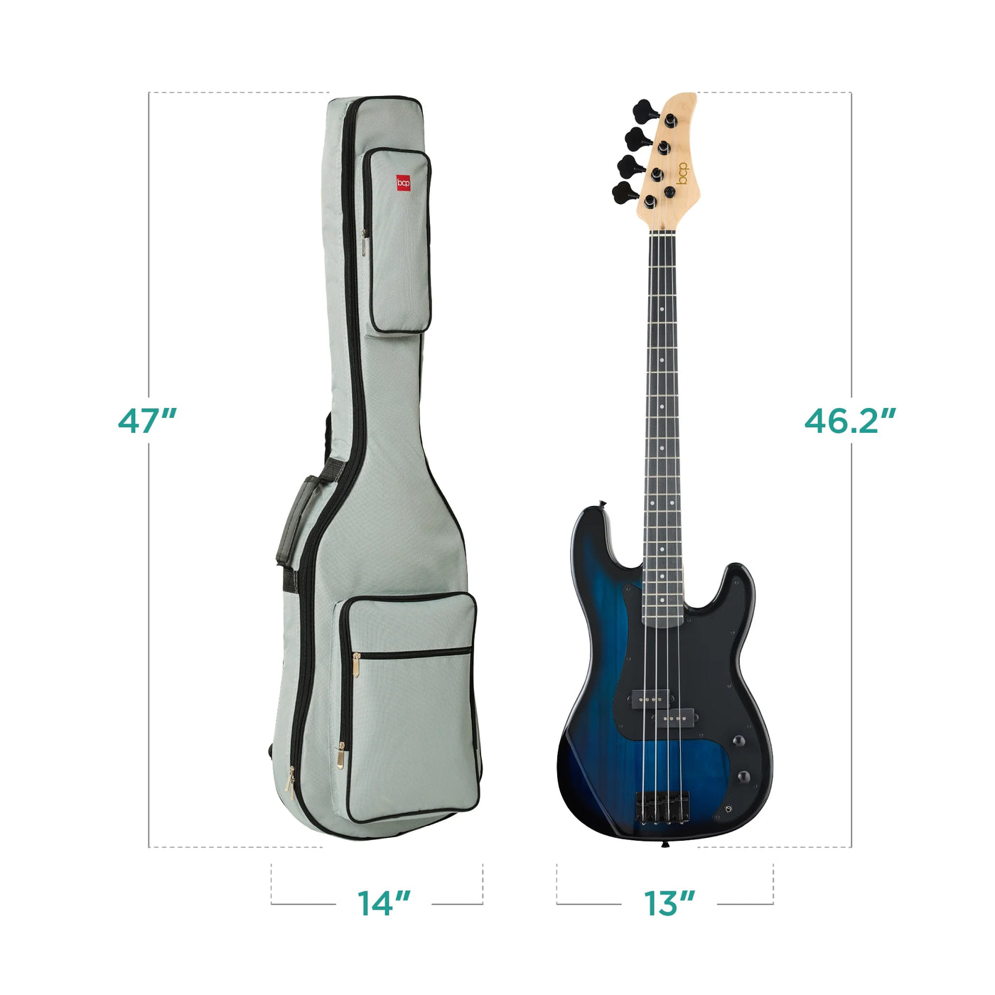 Full Size Beginner 4-String Electric Guitar Bass Guitar W/ Padded Case - Hollywood Blue/Black