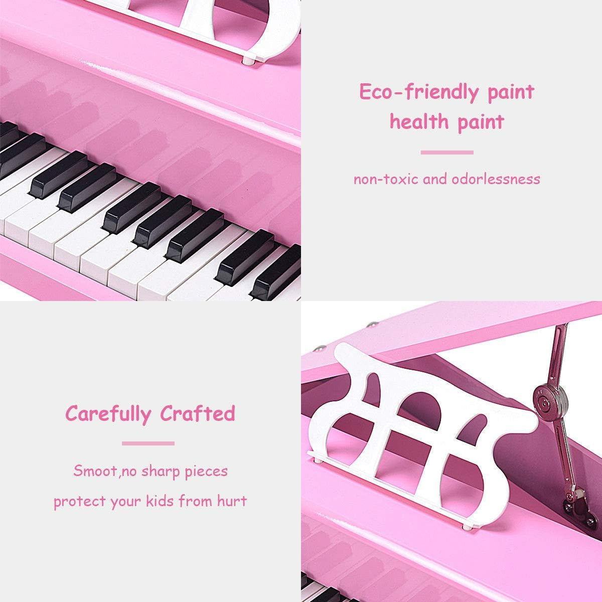 30-Key Classical Kids Piano, Mini Grand Piano Wooden Learn-To-Play Musical Instrument Toy with Bench, Piano Lid, Music Rack, Gift for Boys Girls Aged 2+ Baby Toddler (3 Straight Leg-Pink)