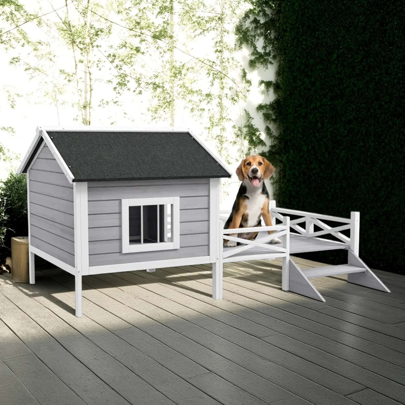 66" Outdoor Dog House, Large Wooden Dog Kennel with Porch, Cabin House Style Pet Houses for Cats, Gray