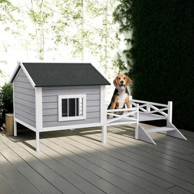 66" Outdoor Dog House, Large Wooden Dog Kennel with Porch, Cabin House Style Pet Houses for Cats, Gray