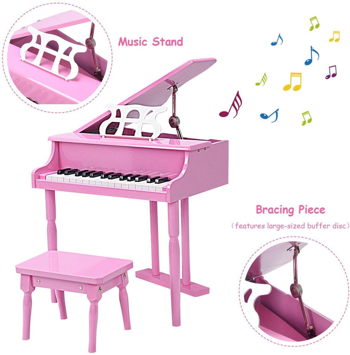 30-Key Classical Kids Piano, Mini Grand Piano Wooden Learn-To-Play Musical Instrument Toy with Bench, Piano Lid, Music Rack, Gift for Boys Girls Aged 2+ Baby Toddler (3 Straight Leg-Pink)