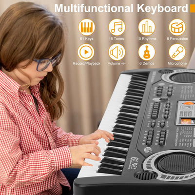 61 Keys Digital Music Keyboard,  Electric Piano Musical Instrument Kids Learning Keyboard with Microphone for Beginners Kids Girls Boys Adults, Black