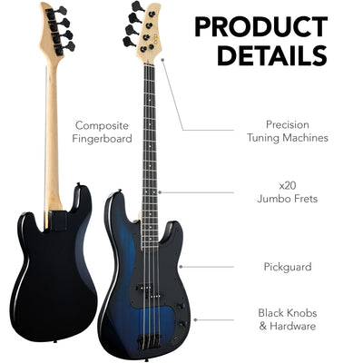 Full Size Beginner 4-String Electric Guitar Bass Guitar W/ Padded Case - Hollywood Blue/Black