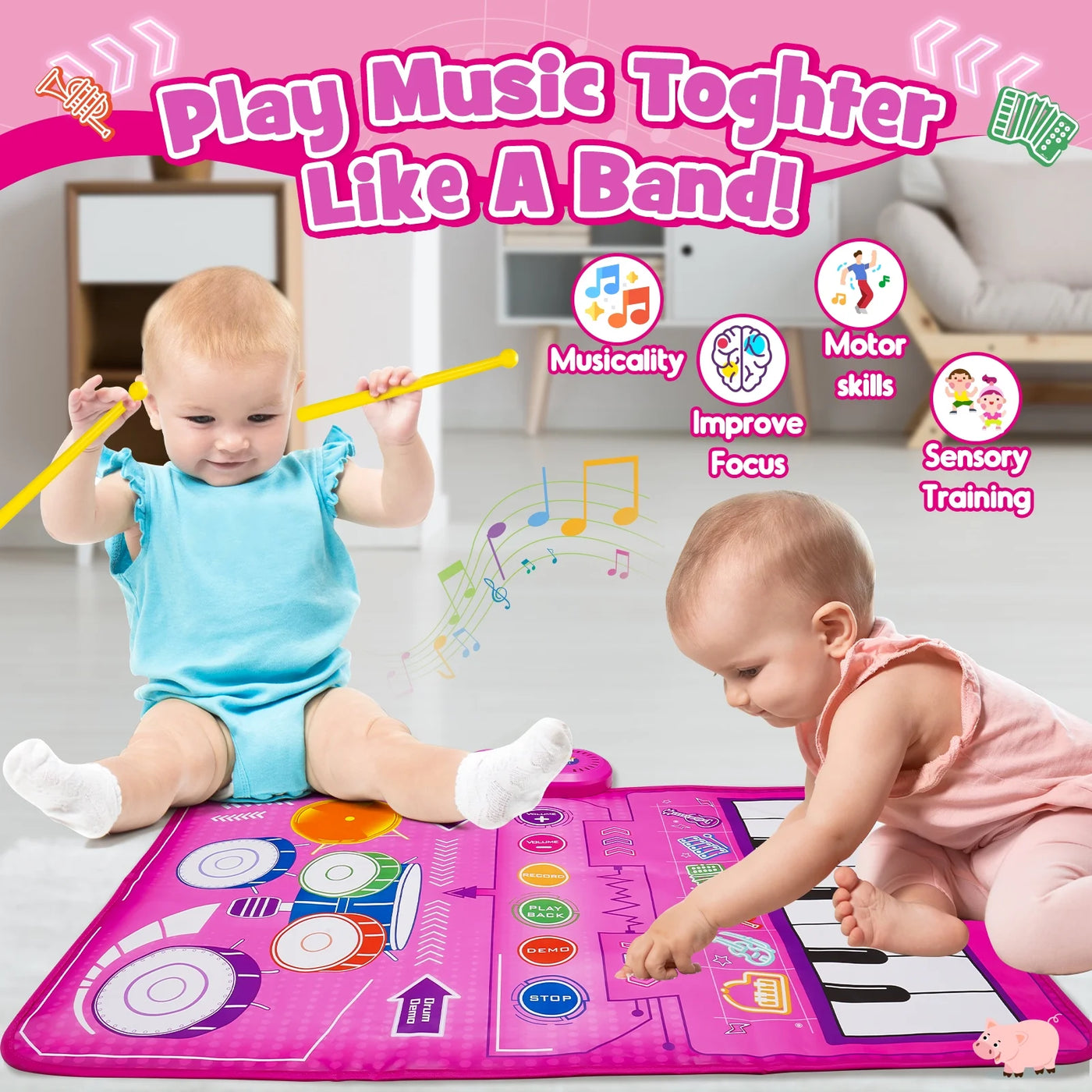 Musical Toys Baby Piano Mat 1 Year Old Girls Toys, Keyboard & Drum Musical Mat, Gifts for 1 2 3 Years Old Girls, Music Sensory Play Mat Toys for Girls Ages 1 2 3 4