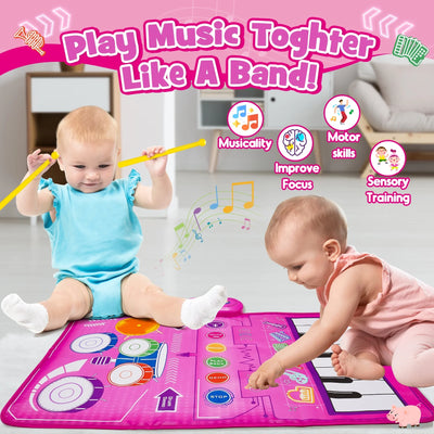 Musical Toys Baby Piano Mat 1 Year Old Girls Toys, Keyboard & Drum Musical Mat, Gifts for 1 2 3 Years Old Girls, Music Sensory Play Mat Toys for Girls Ages 1 2 3 4