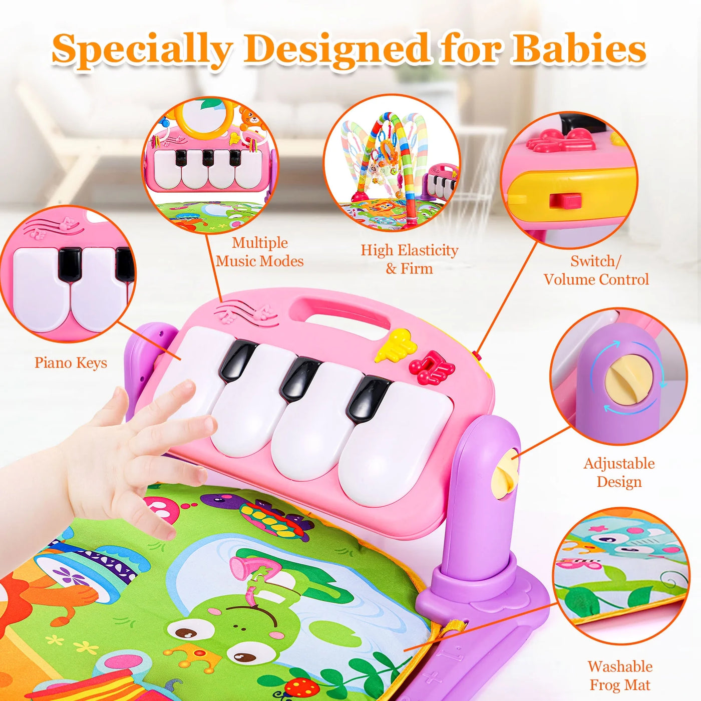 Musical Baby Gyms Play Mats, Funny Play Piano Tummy Time Baby Activity Gym Mat with 5 Infant Learning Sensory Baby Toys, Music and Lights, Baby Play Mat for Infant 0 to 12 Months+, Pink