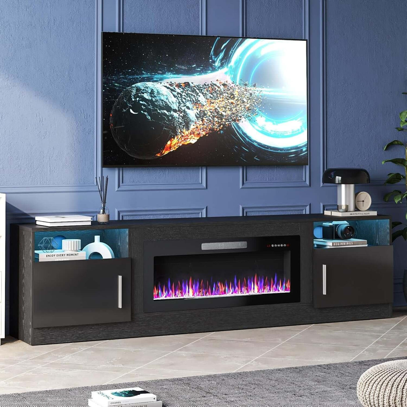 80 Inch TV Stand Electric Fireplace With LED Lighting Black