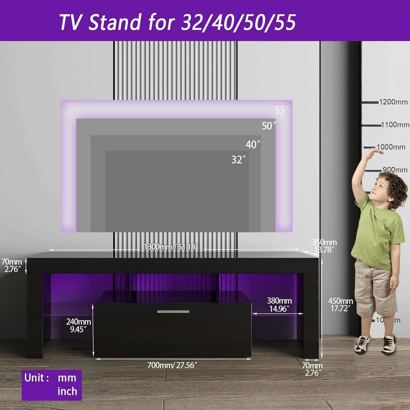 Black LED TV Stand With Large Storage Drawer For TVs Up To 55 Inches