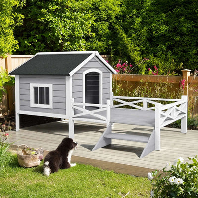 66" Outdoor Dog House, Large Wooden Dog Kennel with Porch, Cabin House Style Pet Houses for Cats, Gray